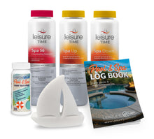Load image into Gallery viewer, Leisure Time Spa Chlorine &amp; Balancer Chemical Startup Bundle with Test Strips, ScumBoat, &amp; Hot Tub Log Book

