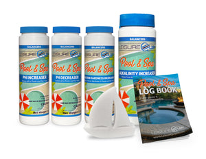 LeisureQuip Pool & Spa Chemical Balancer Maintenance Kit - Contains Alkalinity Increaser, Calcium Increaser, pH Increaser, pH Decreaser, ScumBoat, & Log Book