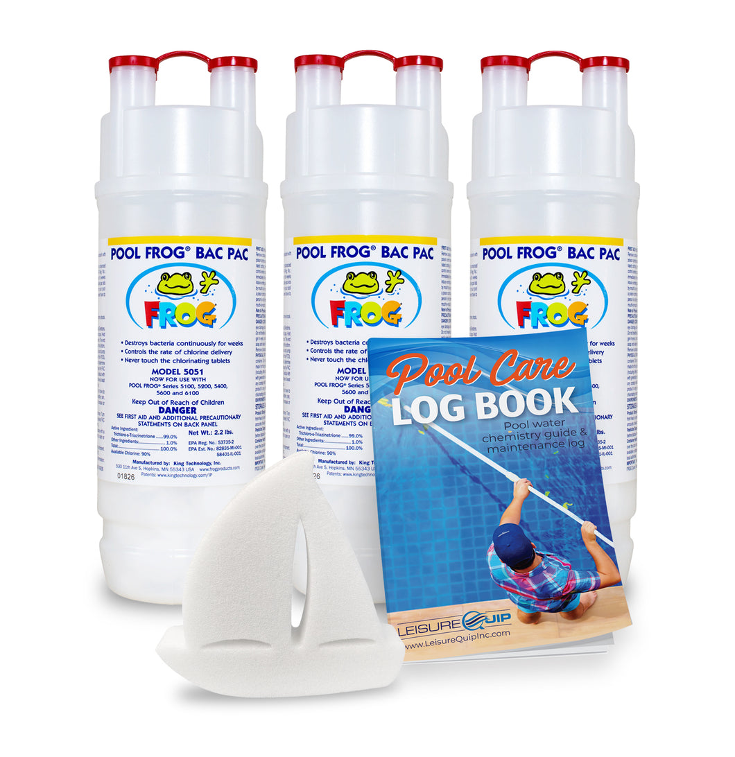 King Technology Pool Frog Bac Pac Chlorine Cartridge 3 Pack w/ Scum Absorber & Pool Log Book