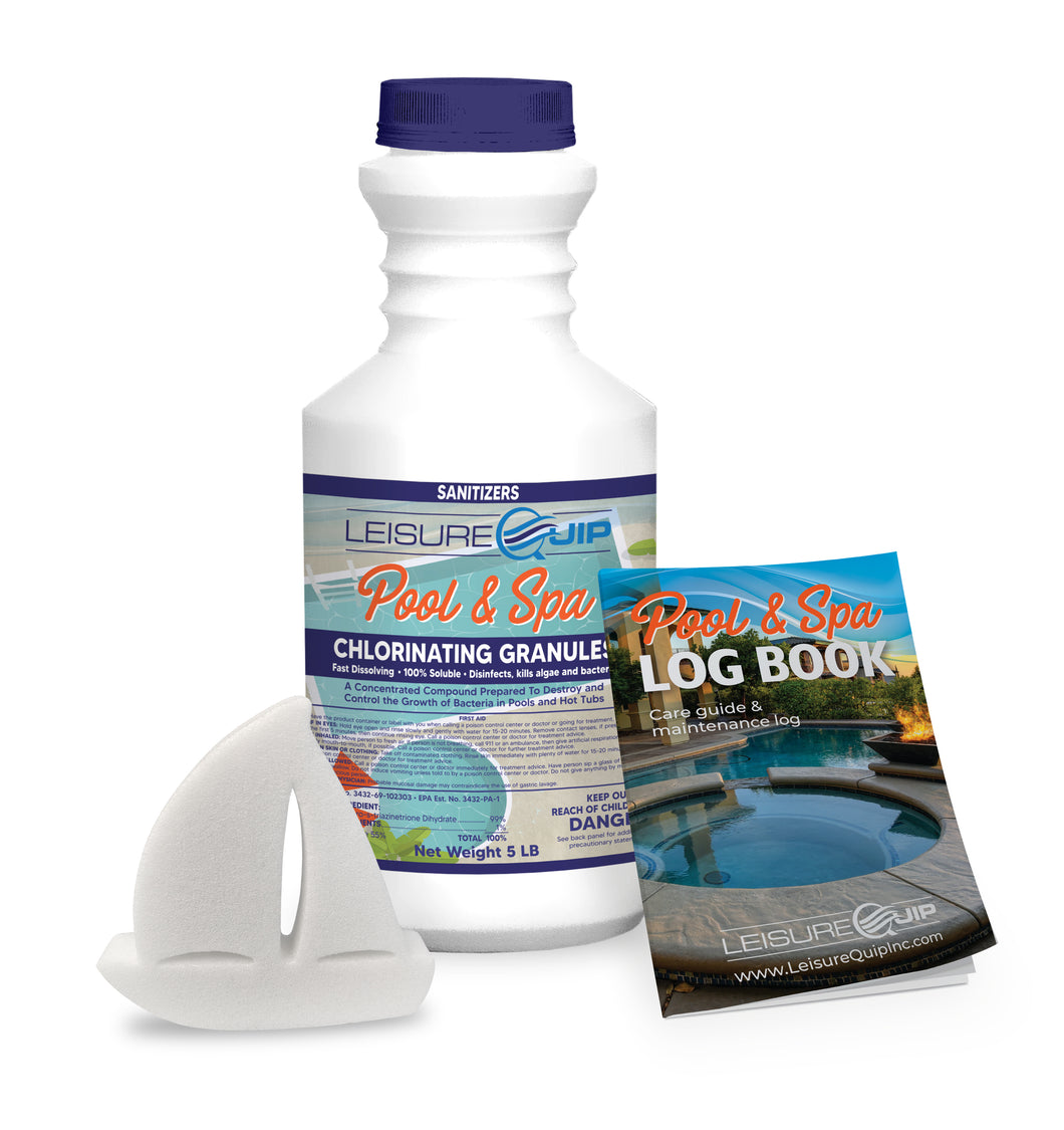 LeisureQuip Pool & Spa Chlorine Concentrate 5lb with ScumBoat & Pool & Hot Tub Log Book